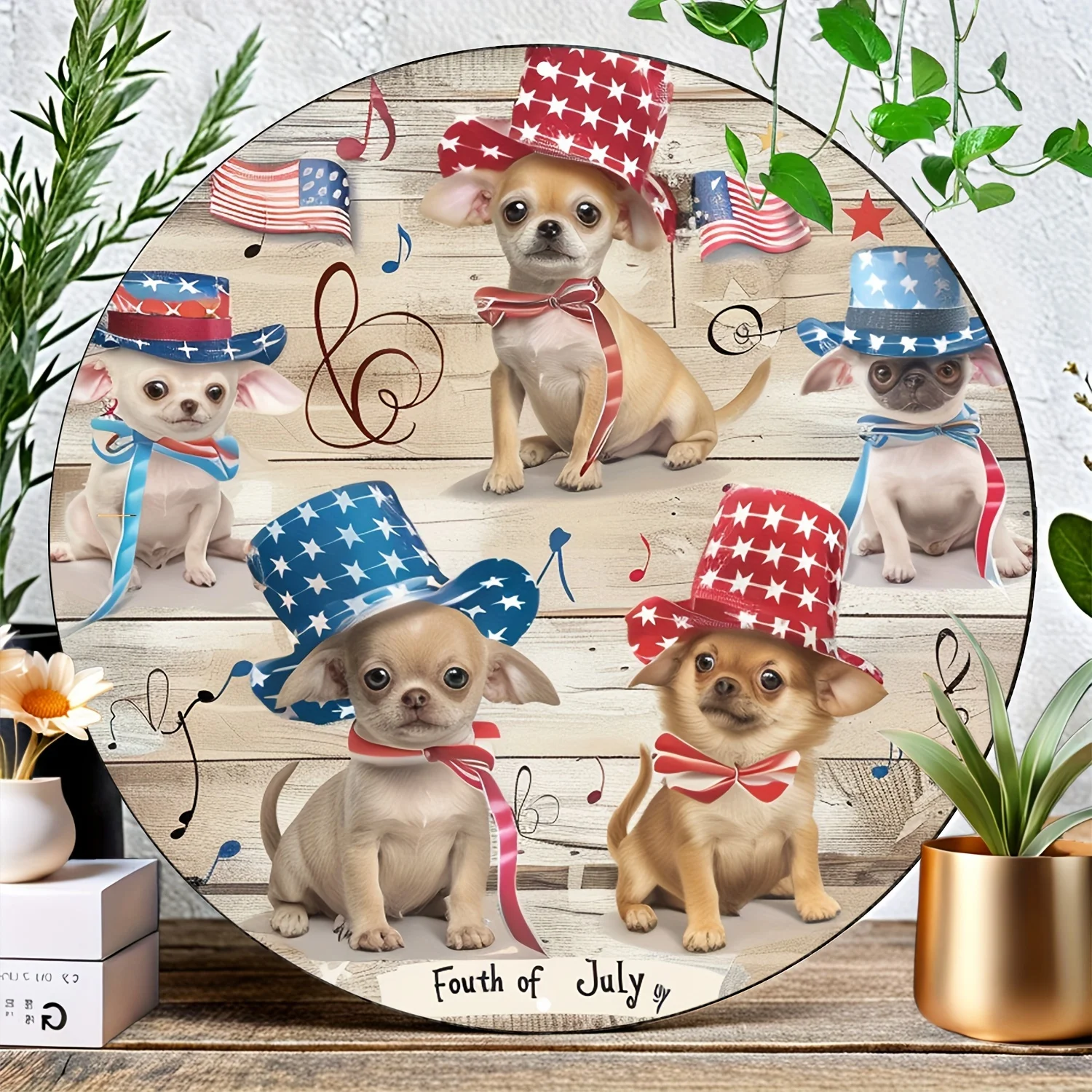 1pc Round Aluminum 8x8 Inch Patriotic Chihuahua Independence Day Sign - Waterproof Garage, Bathroom Wall Art