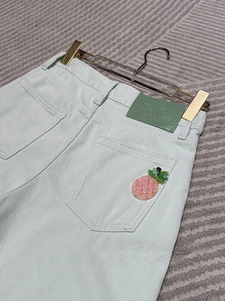 

Женские джинсы с высокой талией, прямые, розовые, с декором из бусин в виде ананасов, из смесового хлопка, на молнии, весенняя коллекция