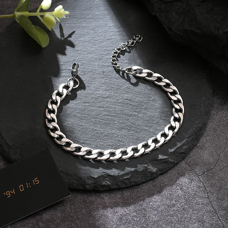Stainless Steel NK Flat Chain Bracelet 6/8/10mm Smooth Surface 20+5cm Extend Chain Unisex Jewelry Drop Shipping