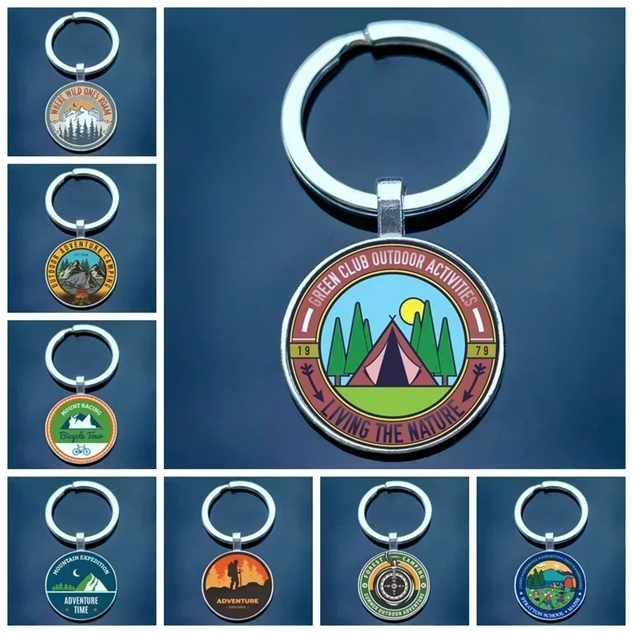 サラウンドガラスドームキーホルダー、幸せなキャンプ愛好家、アドベンチャーチャレンジ、旅行トレーラー、ホリデーギフト、2024