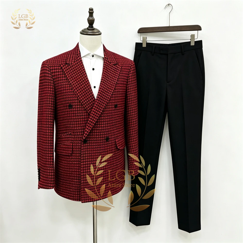 

Vintage Houndstooth Men Suit Jacket Double Breasted Coat + Black Slim Fit Trousers Gentleman Clothing Male