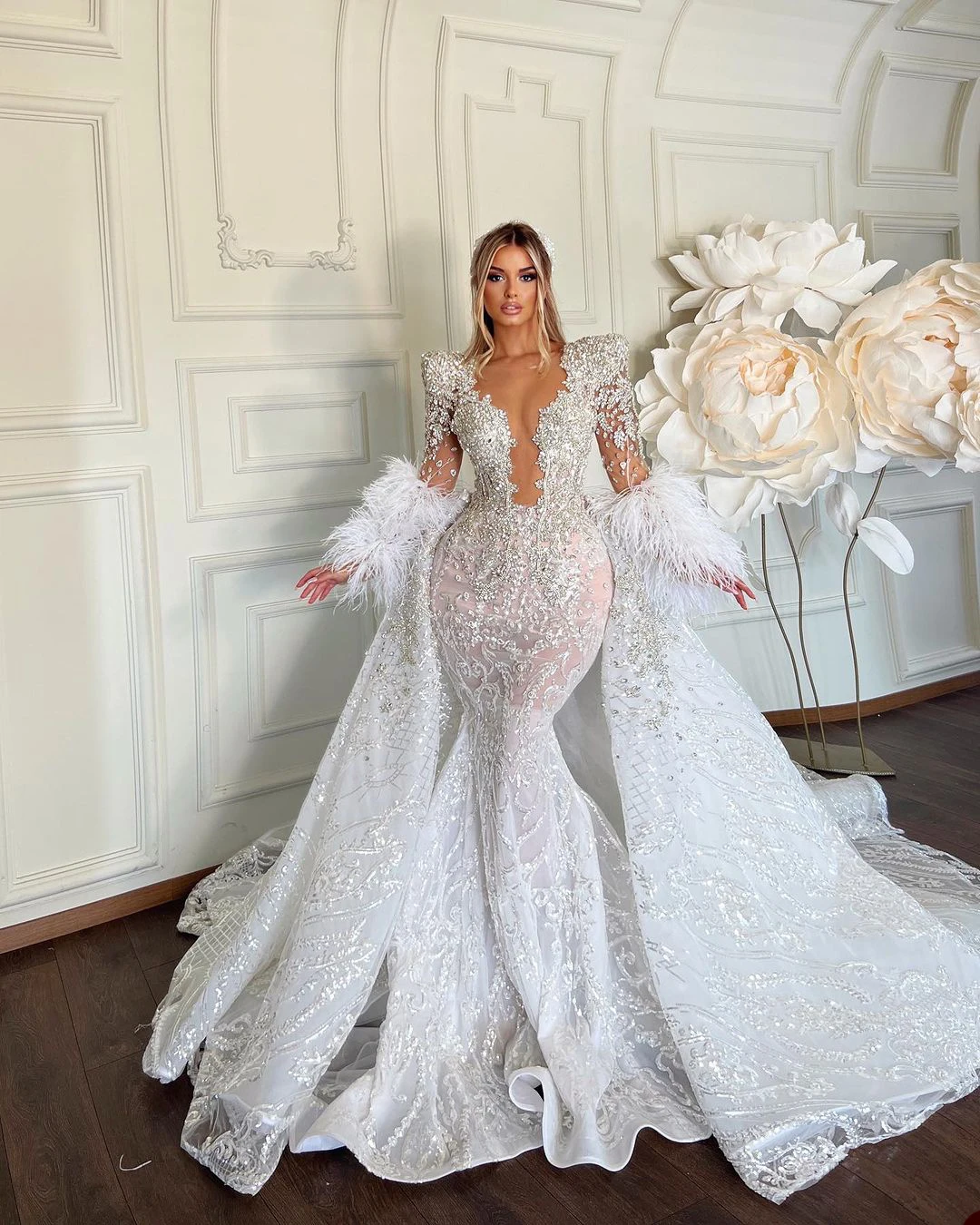 Luxury Mermaid Wedding Dresses For Women Appliques Feather Bridal Gown Long Sleeves Detachable Train Dress vestidos de novia