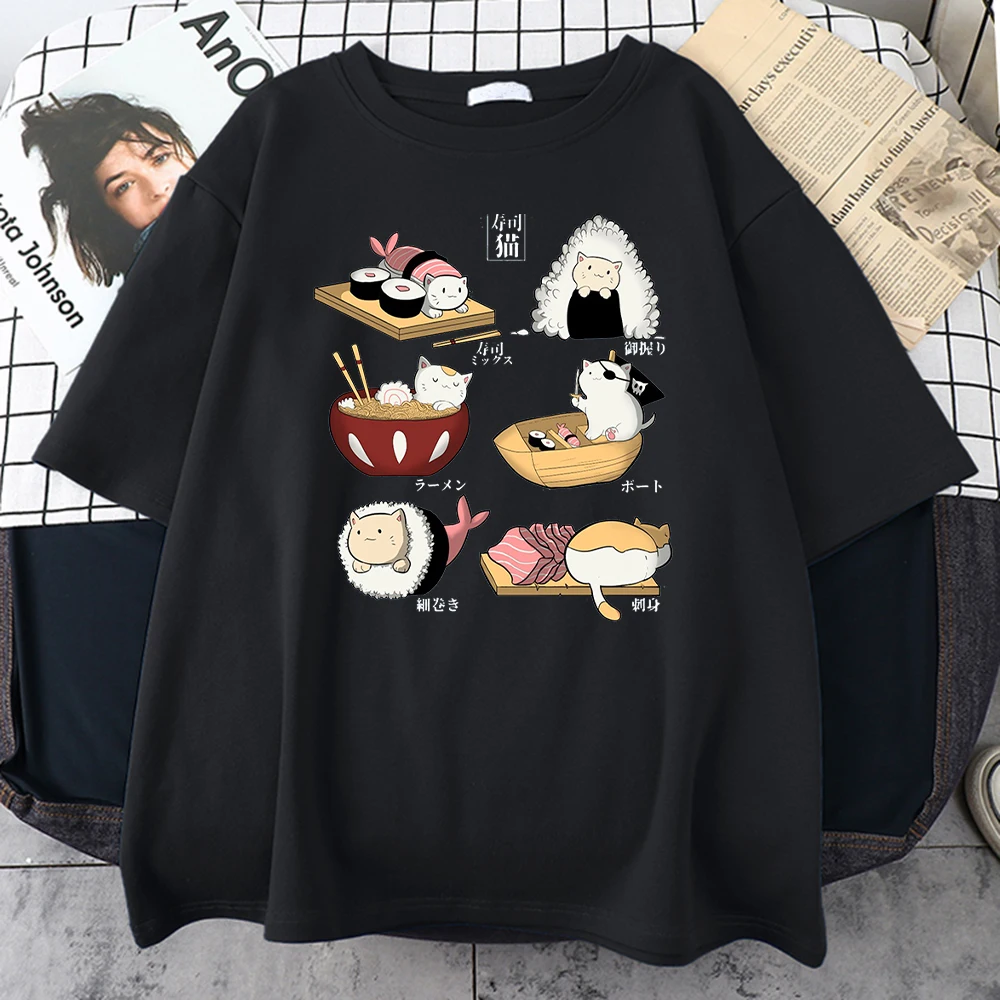

Food Cute Cat Sushi Cartoon Style Women Short Sleeve Harajuku Casual All-math T-Shirts Oversize Fashion Women Tee Clothing Y2K