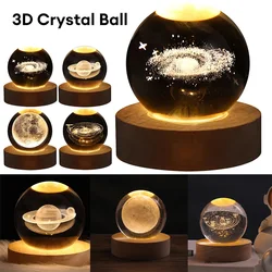 3D Crystal Ball Lamp Glass Planet LED Warm Night Light Laser Engraved Solar System Globe Universe Birthday Gift Wooden Base