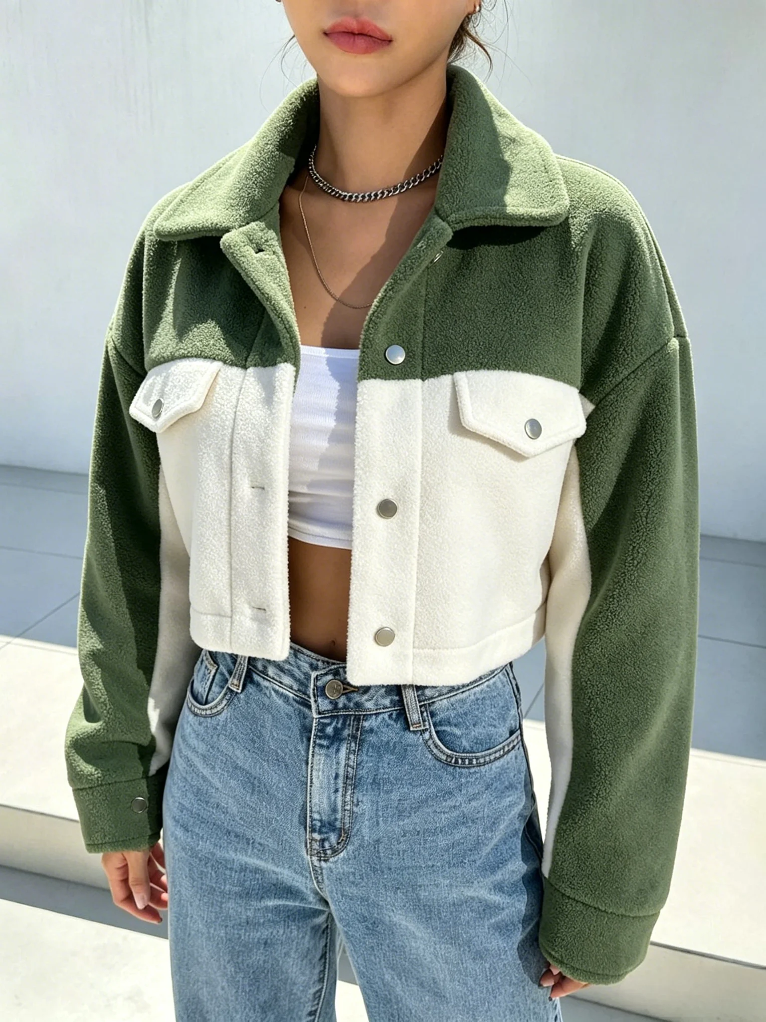 Women Color Block Fleece Cropped Jacket Lapel Long Sleeve Button Down Patch Pocket Short Coat Casual Streetwear Outerwear