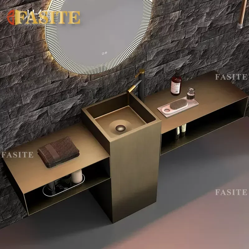 for Bronze Antique Stainless Steel Column Basin Washbasin Hotel Bathroom Floor to Ceiling Integrated Column Washbasin