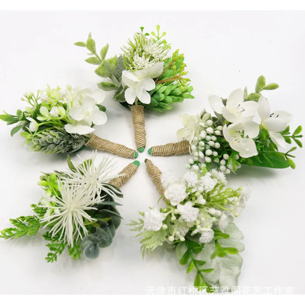 Boutonnieres DE BODA blancos simples para hombres, alfileres de flores, flores de seda, ramillete de muñeca para dama de honor, pulsera, fiesta de novio, decoración de reunión