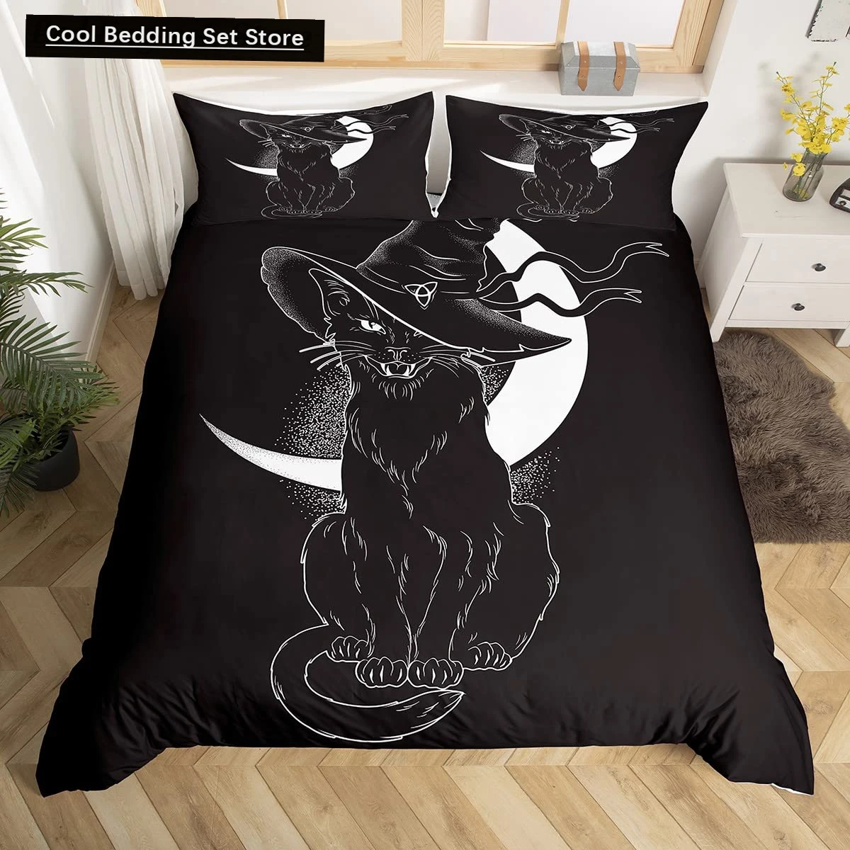 

Halloween Gothic Black Cat King Queen Duvet Cover Glitter Moon Bedding Set Horror Spooky Quilt Cover Polyester Comforter Cover