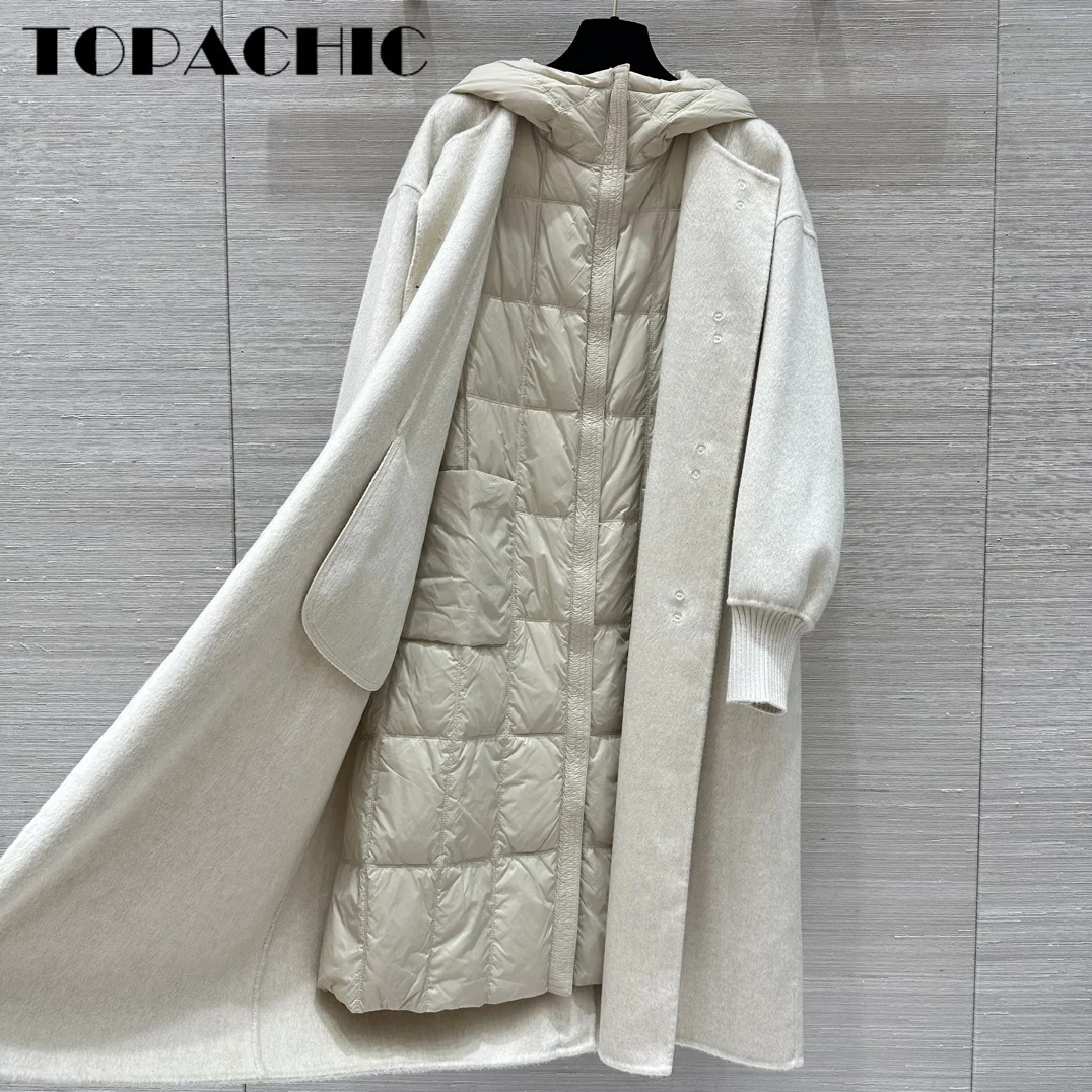 10.7 TOPACHIC-Women Two Piece Set Design Hooded Down Lining Double-Sided Wool Coat Cuff Ribbed Knit Straight Button Outerwear