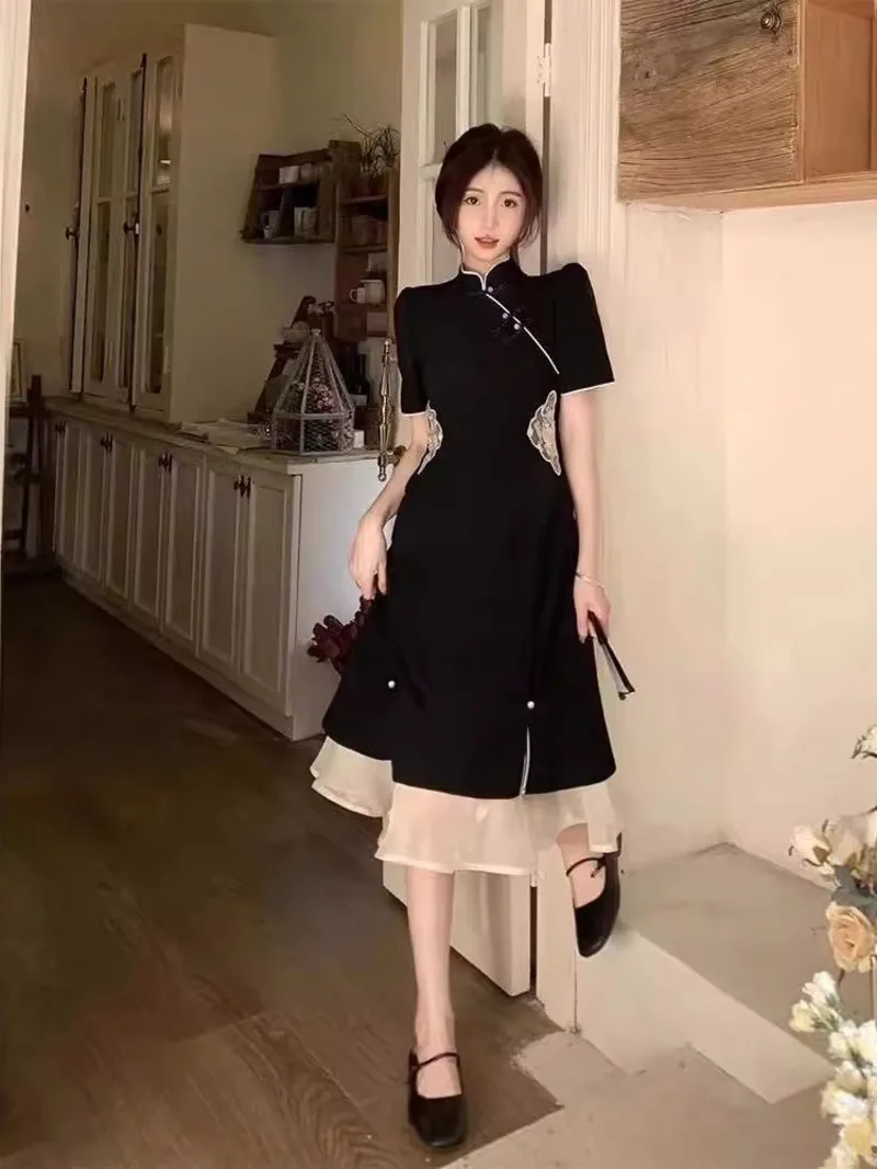 

Large Women's Fat MM Fashion Summer New Chinese Vintage Embroidery Splicing Improvement Qipao Skirt Feeling Black Dress 6R25