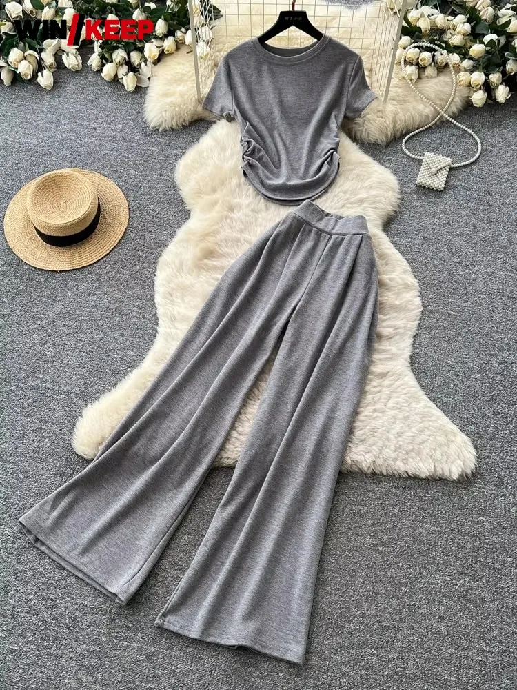 women-sportswear-new-summer-solid-slim-fit-short-sleeve-pullover-t-shirt-elasitc-high-waist-wide-leg-pants-running-two-piece-set