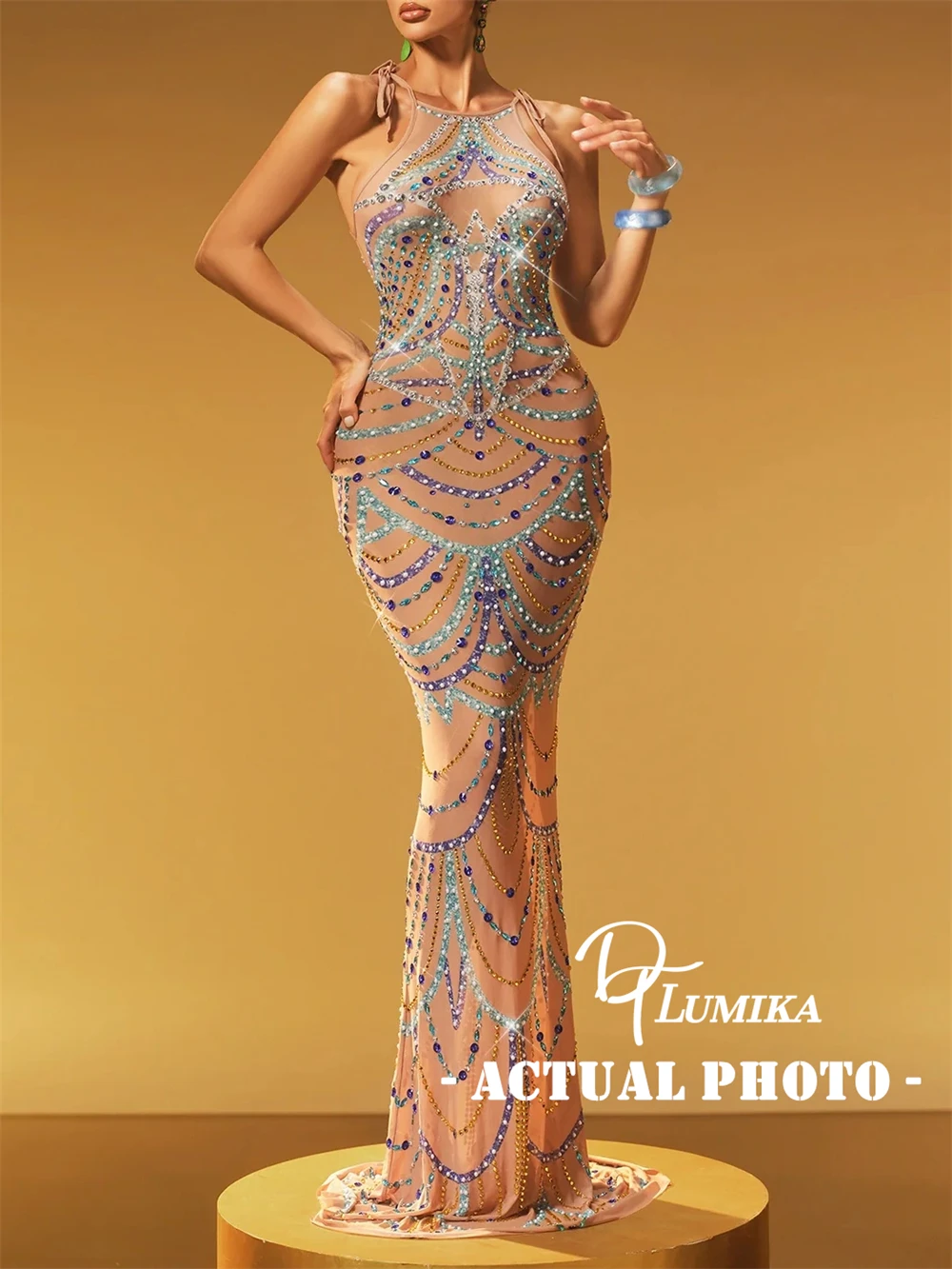 DTLumika Beaded Halter Long Evening Dresses for Women Luxury Long Prom Party Gowns Rhinestones Actual Photo Formal Maxi Gown
