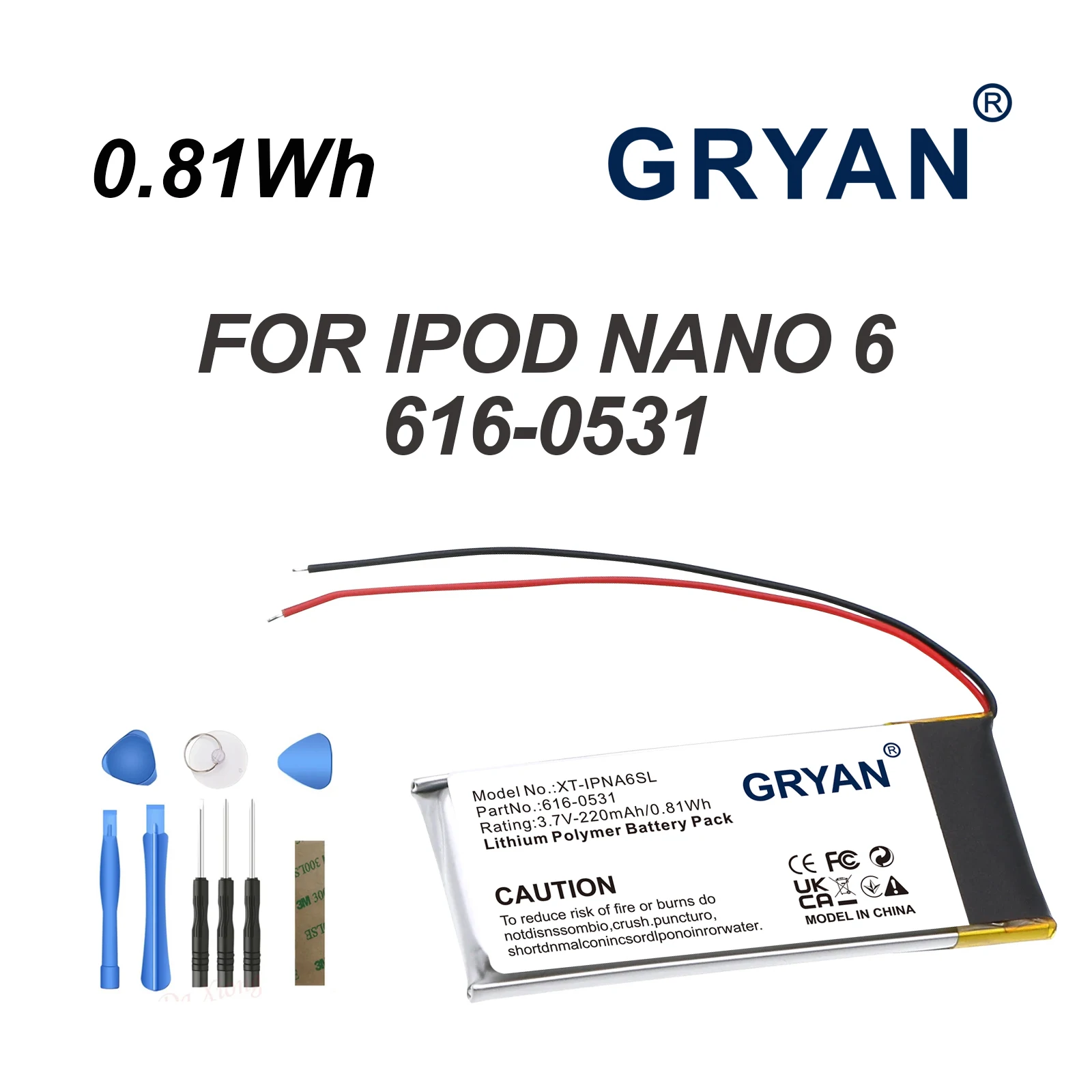 616-0531 220mAh 0.81Wh 3.7V Li-ion For ipod Nano6 6G 6th Generation MP3 Li-Polymer Rechargeable Nano 6 Batteries + Tools