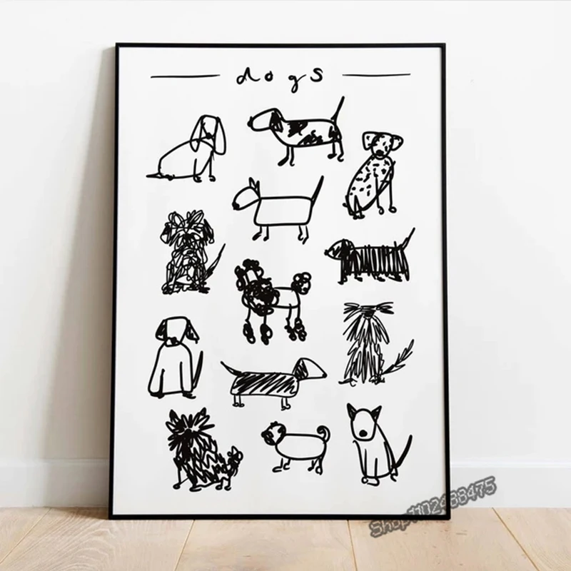 Dogs Black and White Print Animal Dogs Breed Drawing Wall Art Kids Room Decoration Dog Lover Gift Poster Picture Canvas Painting