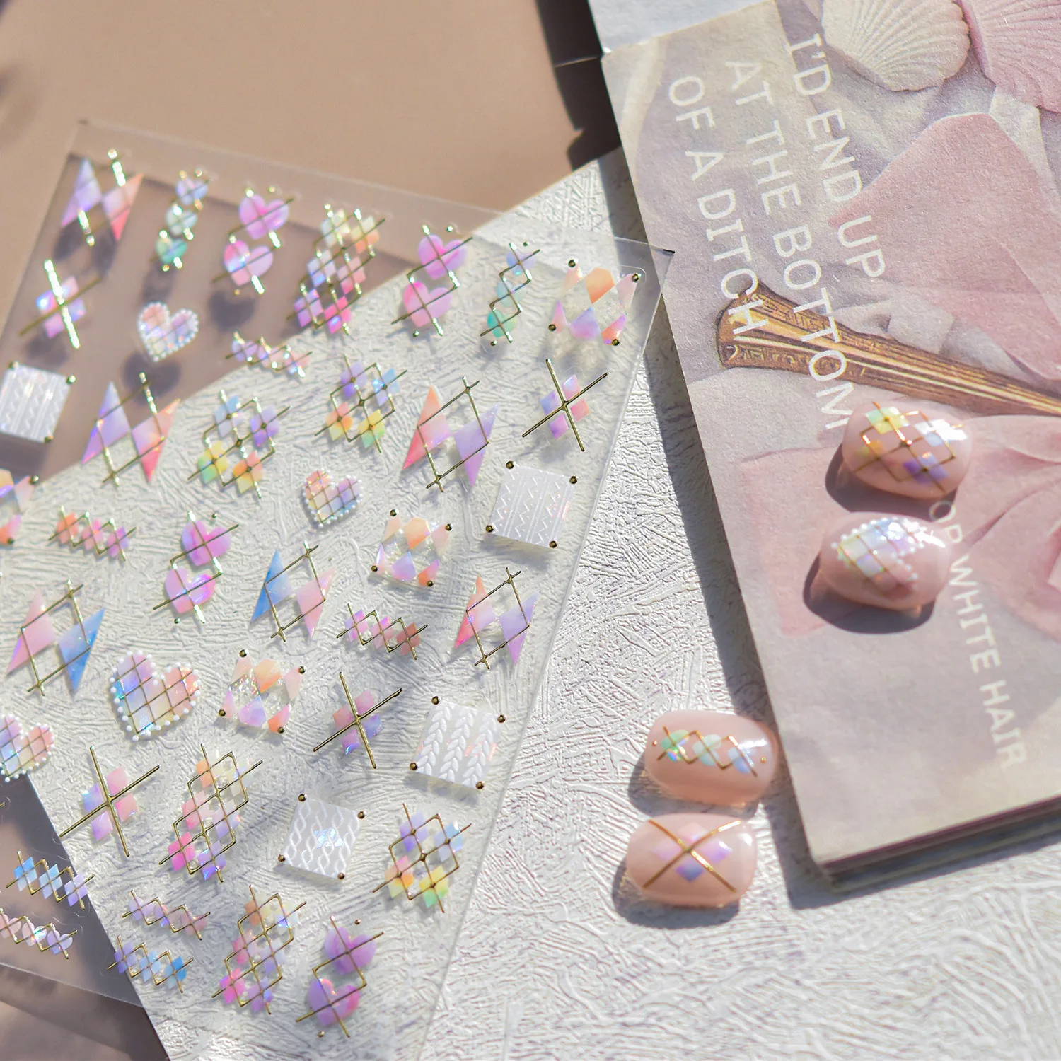 Gold-embossed Nail Art Stickers Luxury Pink Love Heart Checkered Decorative Stickers For Nails Back Adhesive Nail 3D Accessories