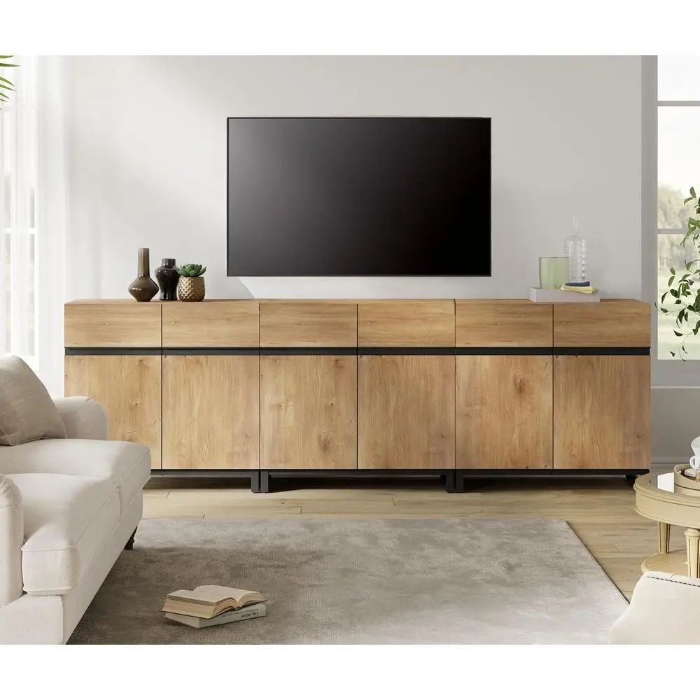 

3-in-1 Oak Wood Entertainment Center for TVs Up to 100 with Adjustable Shelves and Protective Foot Pads