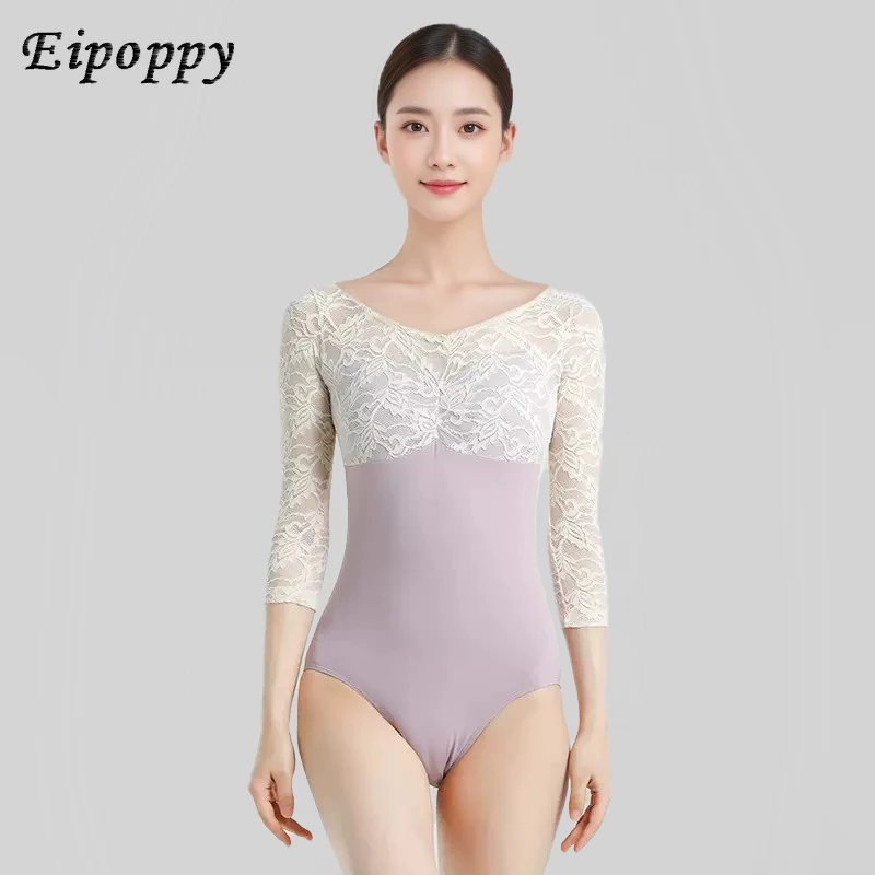 Ballet Practice Clothes Women's Adult Dance Body Art Exam High-Cut Three-Quarter Sleeve Mesh One-Piece Gym Outfit