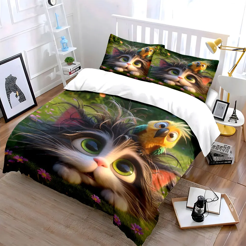 Cat and Adorable Bird Companion Print Bedding Set 1 Duvet Cover 2 Pillowcases for Adult and Children Luxury Gift Full Size