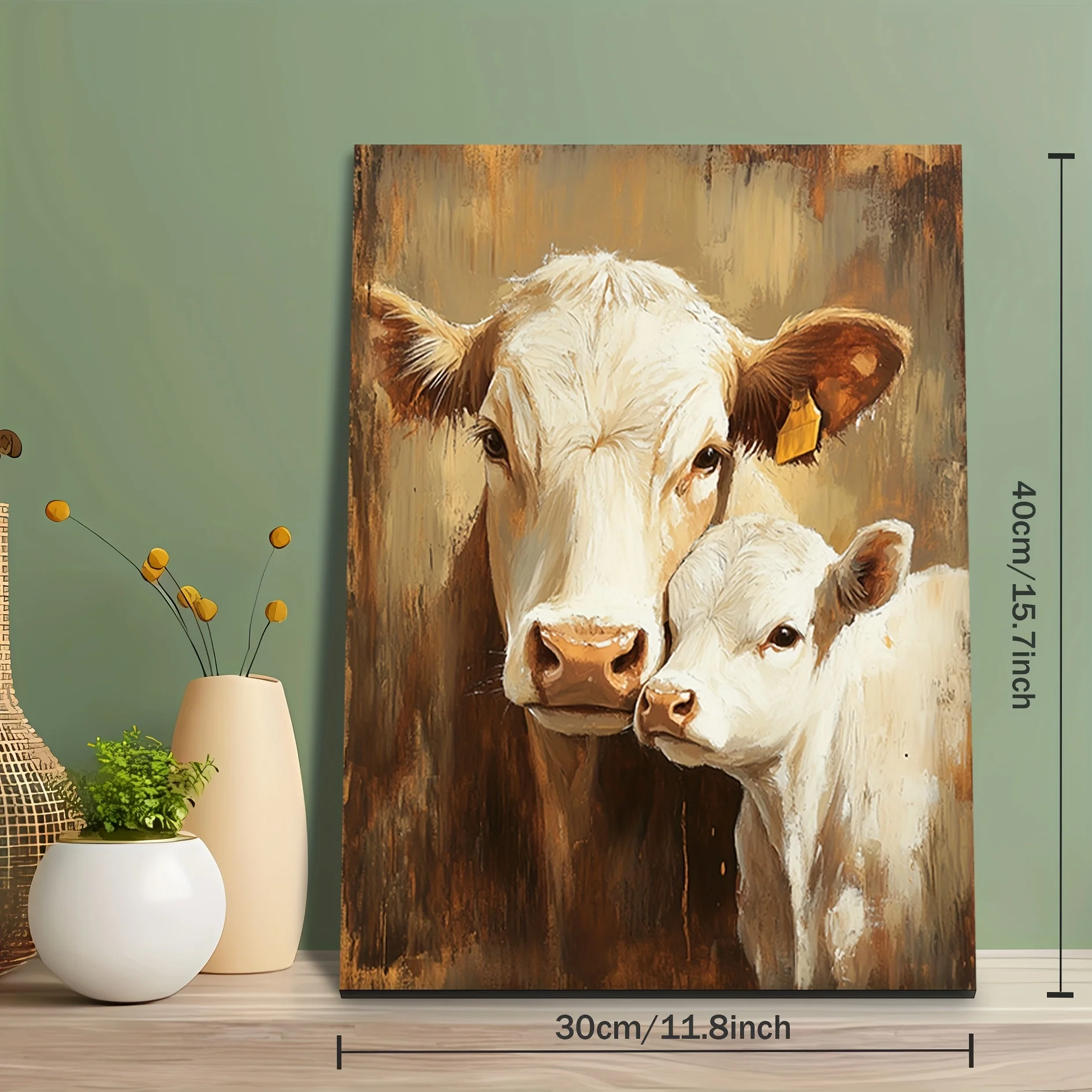(No frame)2D Flat, 2D Flat, 1pc 2D Wooden Frame Canvas Art/Oil Painting of Cow And Calf/Brown Vintage-Style Background/Lovely