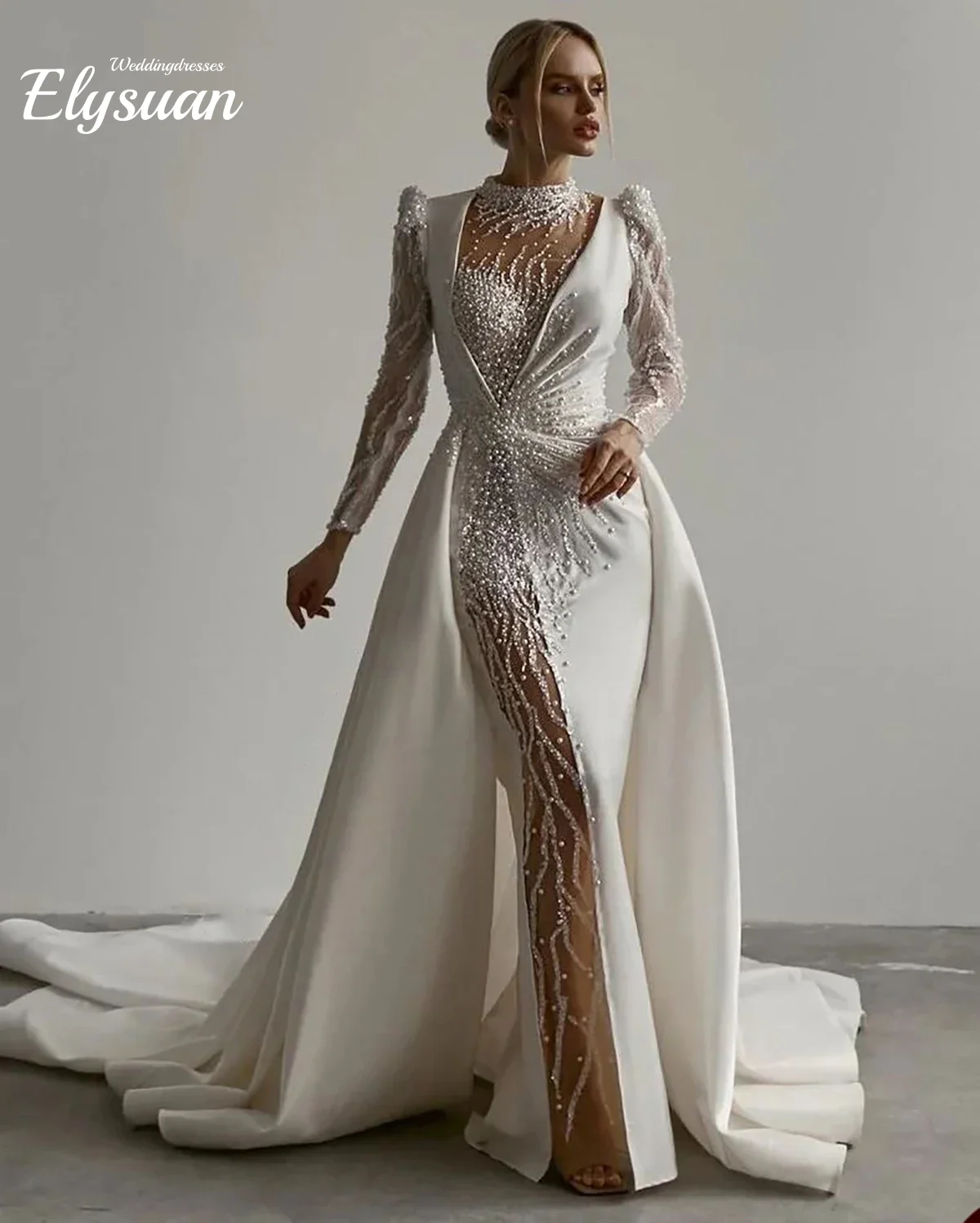 

Customized Modern A-Line Wedding Dress For Women High Collar Sequins Pearls Bridal Gown Long Sleeves Sweep Train Dresses