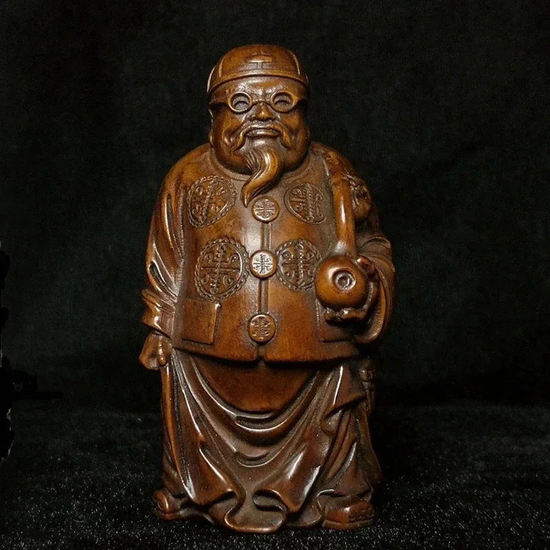 Old Chinese Japanese Boxwood Hand Carved Moneybags Rich Man God of Wealth Statue Netsuke Table Decoration