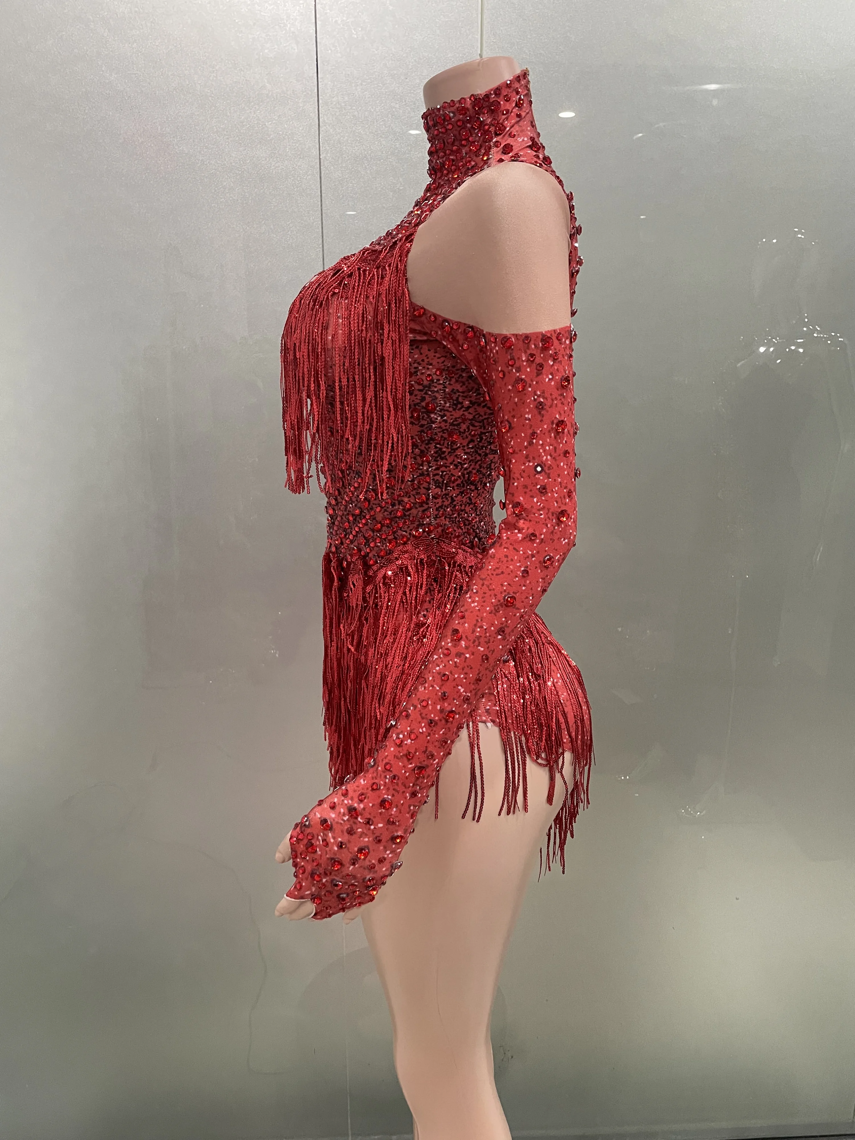 Women Sparkly Red Rhinestone Sequin Tassel Long Sleeved Bodysuits Prom Sexy Party Clothing Fashion Dance Performance Jumpsuits