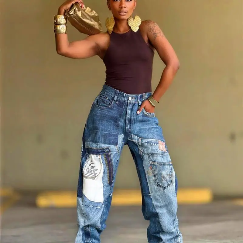 

Женские джинсы с принтом в стиле пэчворк, весна-осень l, джинсовая ткань с талией, синий цвет, модные джинсы с принтом для девочек