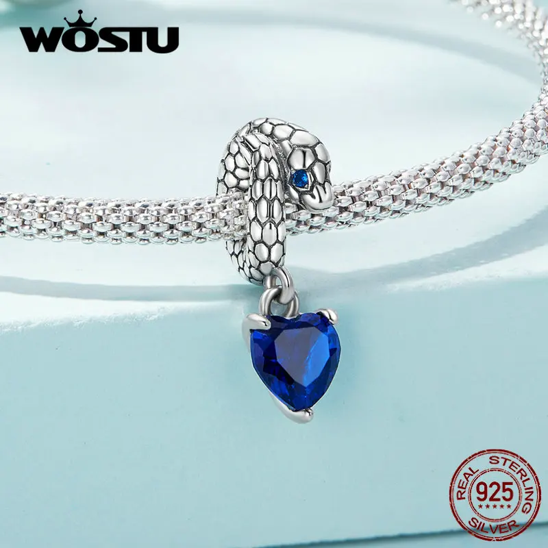 WOSTU 925 Sterling Silver Retro Blue Crystal Heart Beads Demon Eye Snake Key Charms Fit Bracelet Necklace DIY Jewelry Making