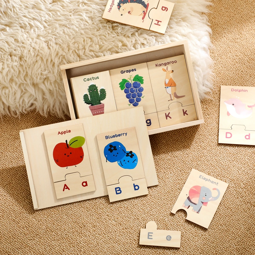 

26PC Letter Word Puzzle Toys Baby Preschool Education Toys Wooden Cartoon Pattern Jigsaw Puzzle Newborn Education Game Baby Gift