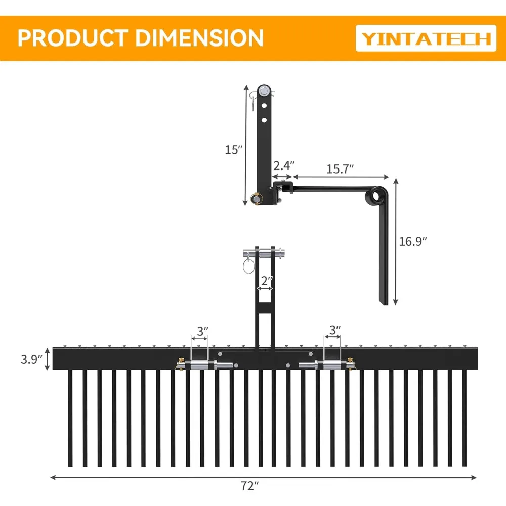 72 Steel Pine Straw Rake 32 Durable Springs Landscape Tractor Rake Attachments Powder Coated 3 Point Quick Hitch for T