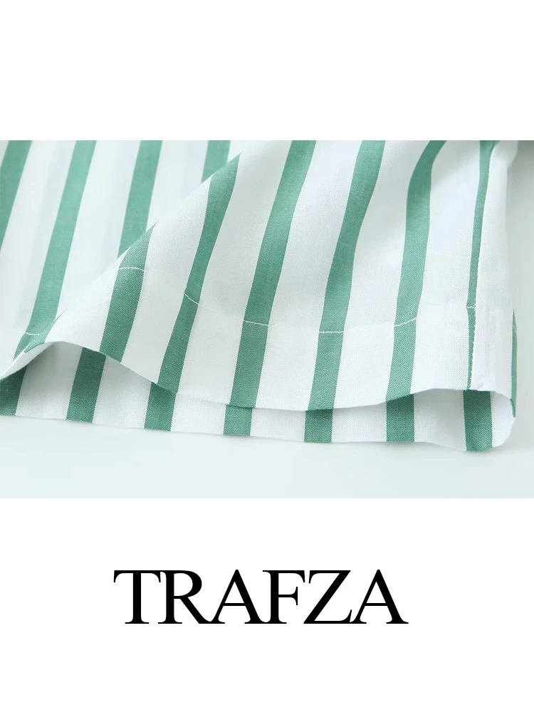 TRAFZA 2024 Spring New Female Stripes Lapel Short Sleeves Buttons Shirt Top + Lace Up Elastic Waist Woman Wide Leg Long Pant