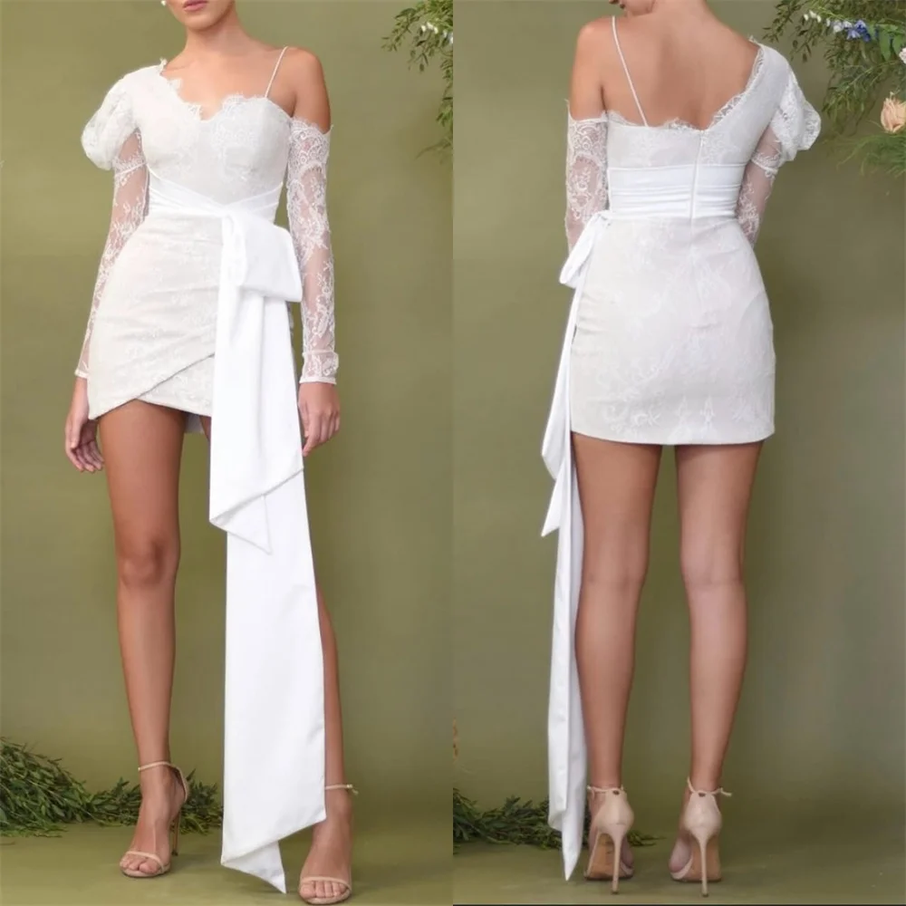 

Customized Matching Sexy Lace Pleat Ruched Sheath Off-the-shoulder Short Dresses Bespoke Occasion Dresses Sizes Available Casual