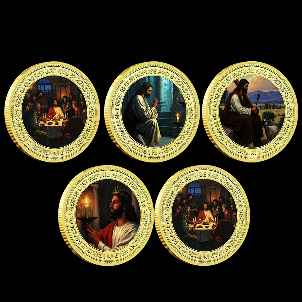 

5-piece Set of Jesus Gold Plated Commemorative Coins The Bible Commemorative Medal in Colorful Collection Git - Rare