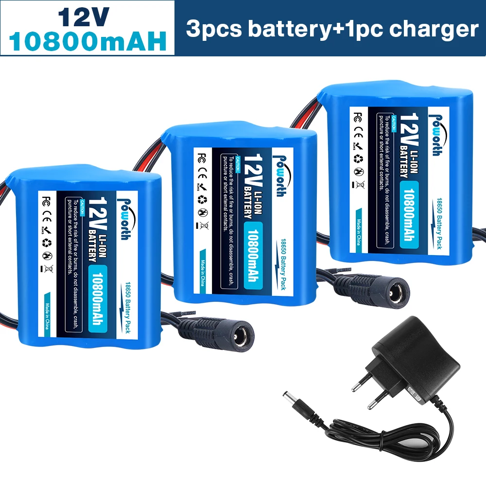 Placa de protección 3S1P mejorada, paquete de batería de 12V, 10,8Ah, 12V, 10800mAh, 18650 iones de litio, CC de 12,6 V, batería súper recargable + cargador
