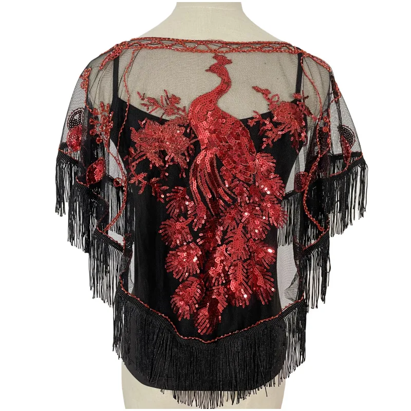 

Chinese Spring Summer Women's Sequins Shawl Top New Mesh Cloak Girl Sunscreen Fashion Lace Ponchos Capes