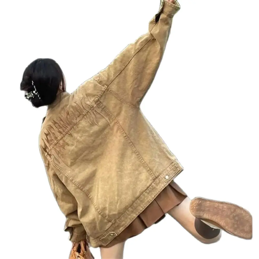 سترة كلاسيكية من قماش الدنيم بحافة خام للإناث ملابس خارجية فضفاضة بنمط منفذ هاراجوكو قسم رفيع سترة علوية للربيع والخريف #3