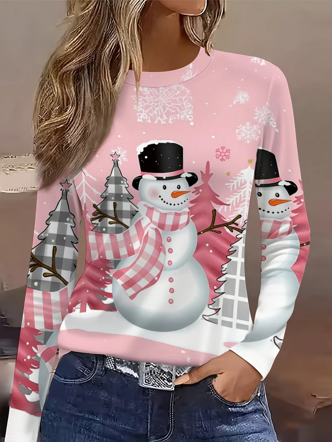 Women's Long Sleeve T-Shirt, Pink Snowman And Plaid Christmas Tree Print, All-Winter Holiday Style Top Suitable For Leisure And Sports Scenarios