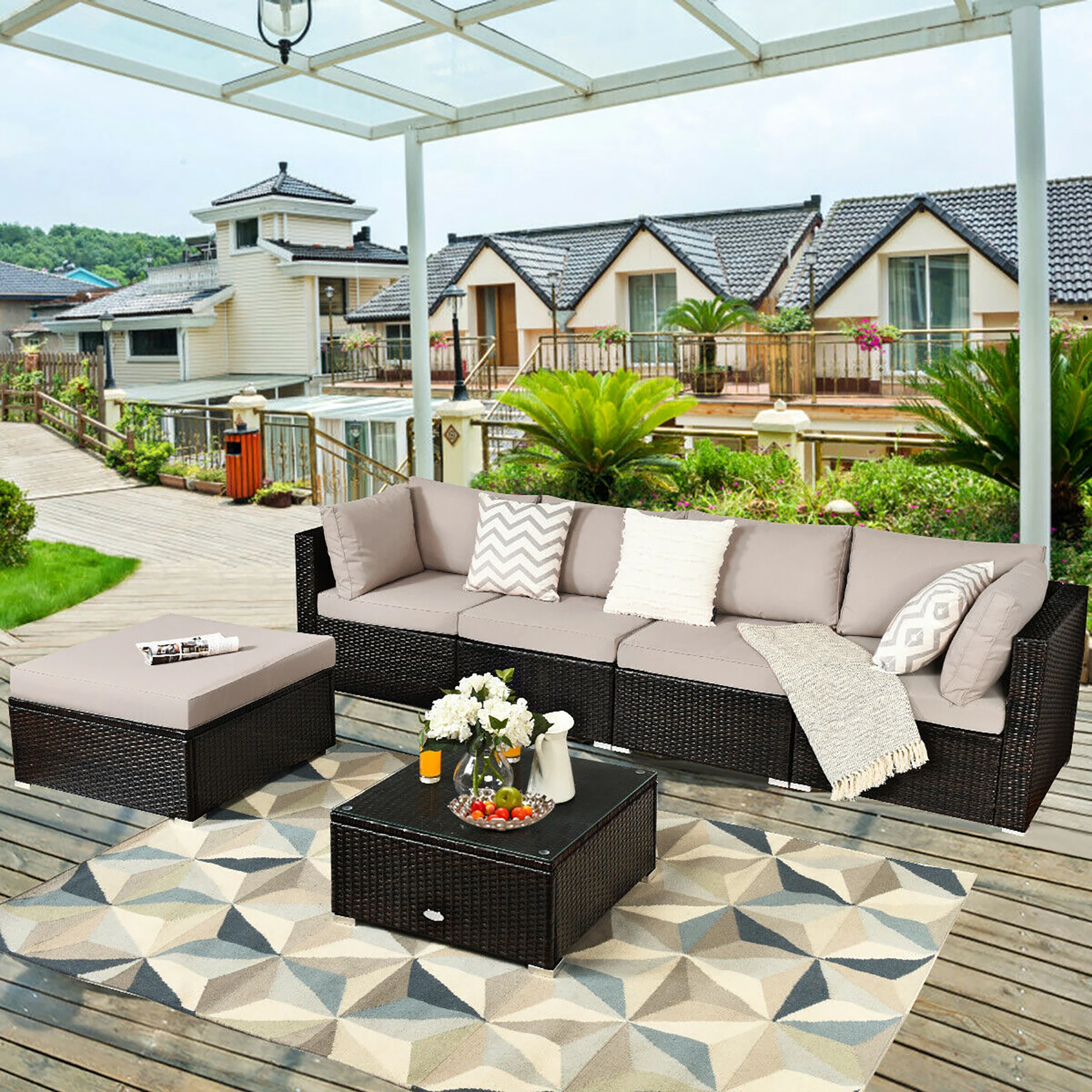 6PCS Outdoor Patio Rattan Furniture Set Cushioned Sectional Sofa Ottoman