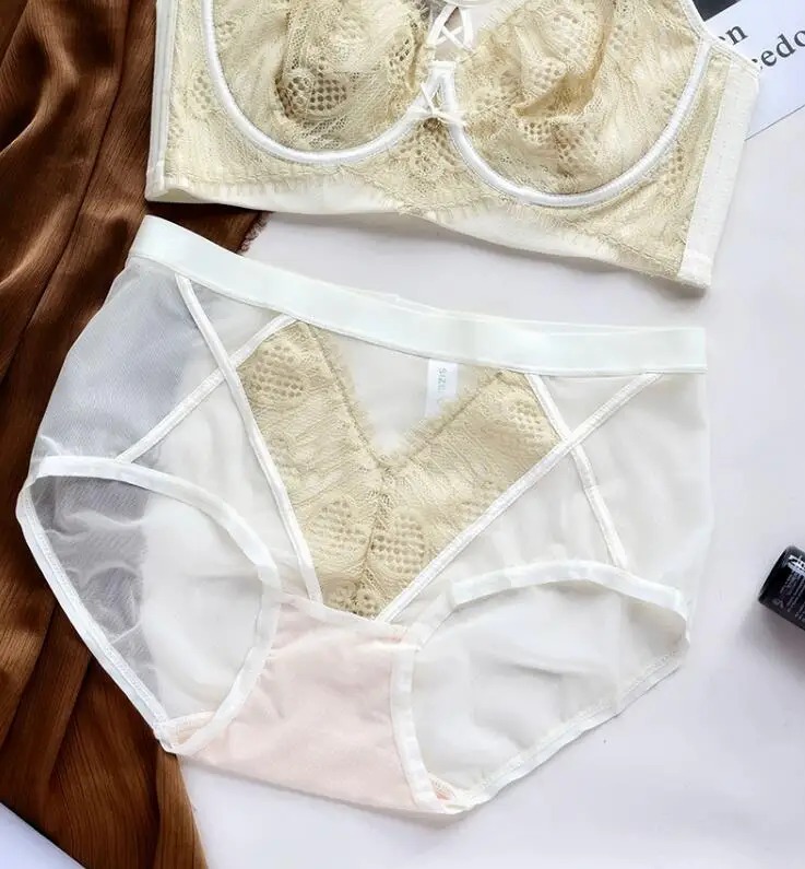 Color clashing lace full cup bra briefs set soft steel ring adjustable underwear ultra-thin lingerie panty set image 3