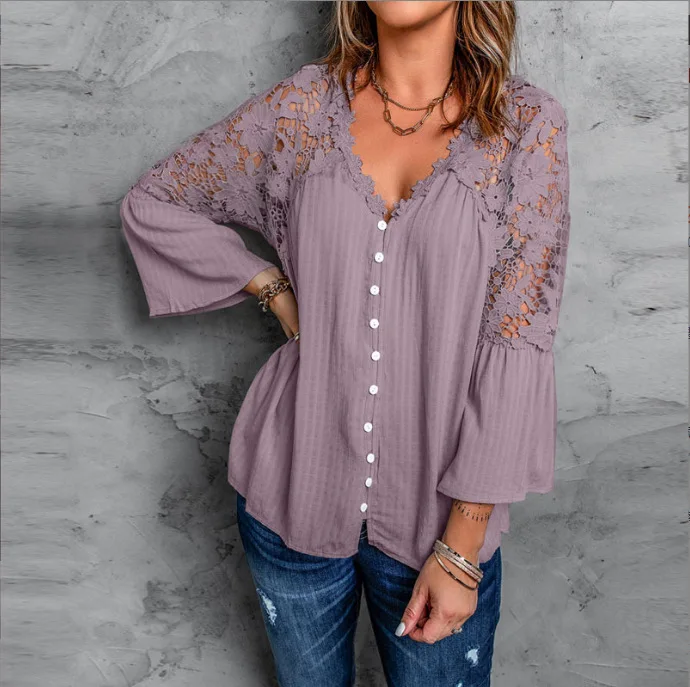 

Women Blouse Fashion Spring Flare Sleeve Hollow Out Tops Femme Lace Stiching Blouses Casual Female V-Neck Streetwear Chemise