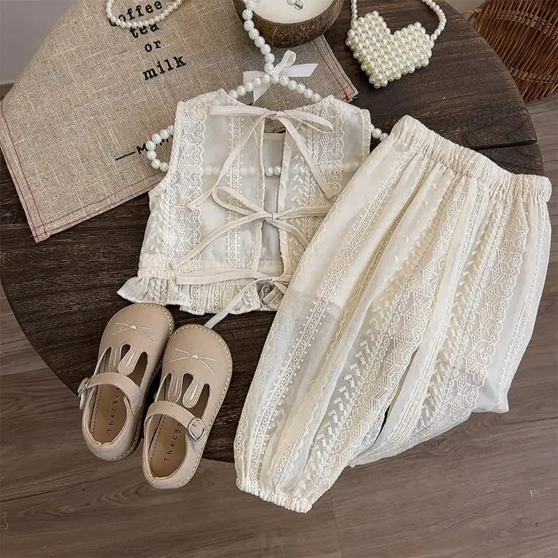Mädchen Prinzessin Stil Set Sommer Neue kinder Baby Casual Hohl Spitze T-shirt + Hosen 2 stücke Anzug Strickjacke weste Mädchen Kleidung O