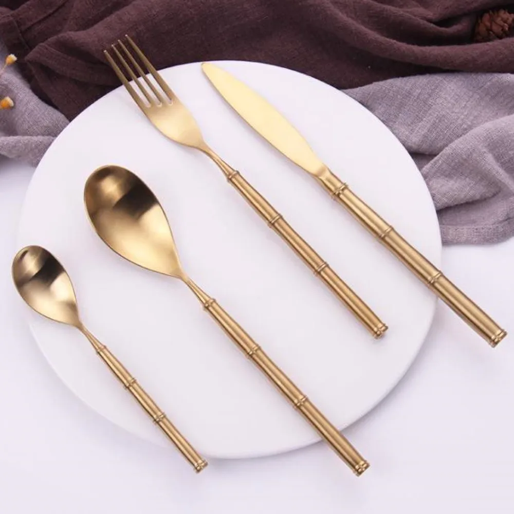 Gold Plated Cutlery Dining Knives Forks Teaspoons Set 304 Stainless Steel Golden Luxury Dinnerware Tableware Spoon