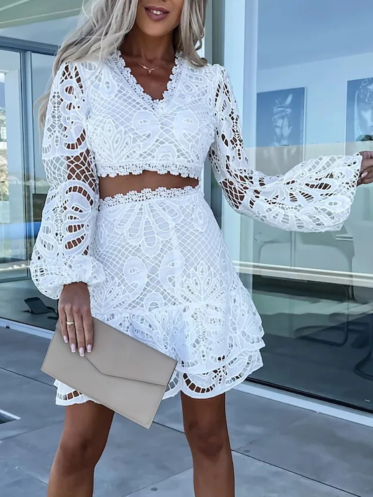 

Женский костюм с коротким топом и мини-юбкой, комплект из двух предметов с рукавами-фонариками и вырезами, летний сексуальный костюм, Прямая поставка