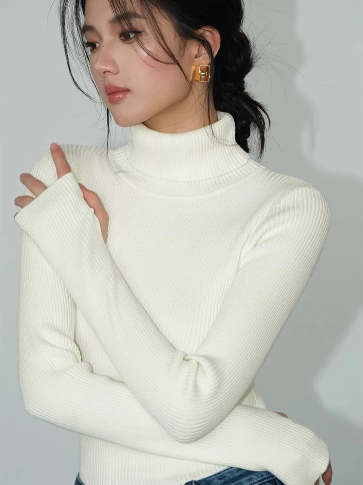 

Winter Solid Pullover 2025 Knitted Sweater Women Korean Version Turtleneck Sweater Slim Fingerhole Lapping Warm Basic Tops