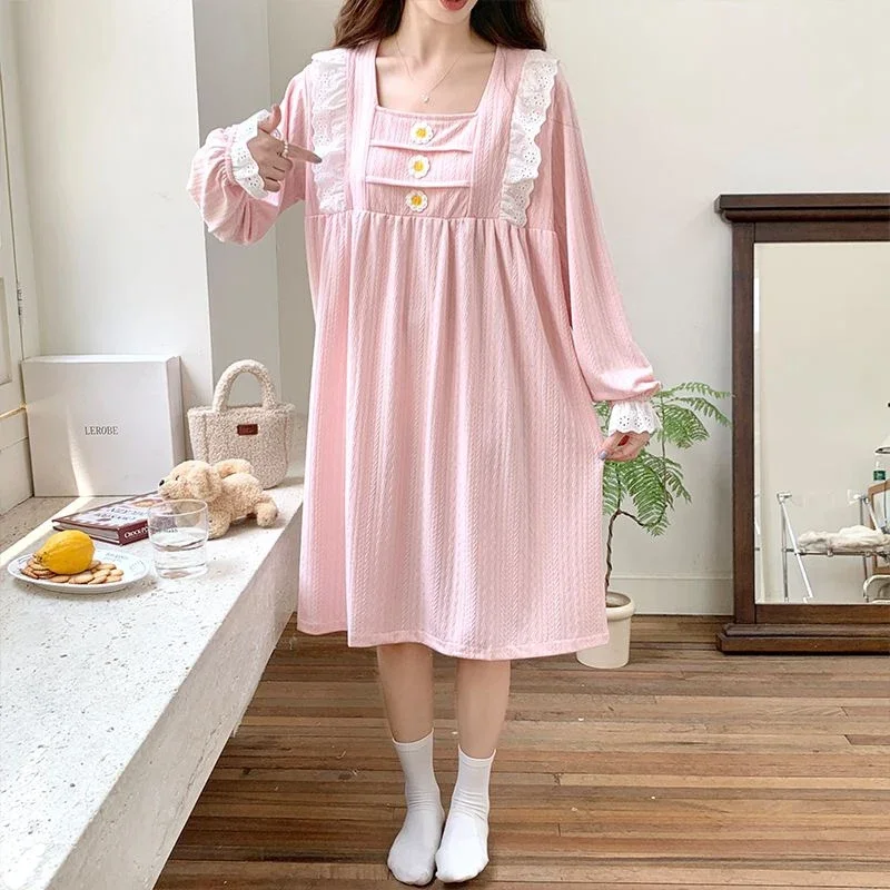 2025 Spring Long Sleeve 100% Cotton Nightgowns for Women Korean Cute Lace Sleepwear Night Dress Nightdress Ladies Home Nighty