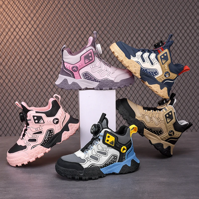 

Autumn and Winter Leather Mid Top Sports Shoes for Boys and Girls, Casual Shoes, Running Shoes, Rotating Buckle Children's Shoes