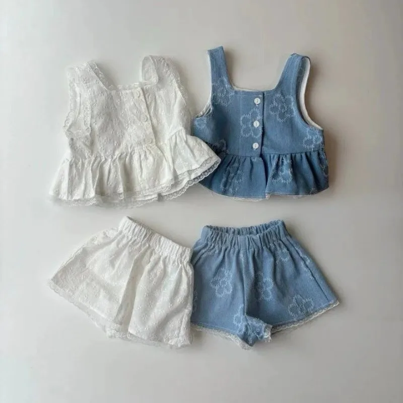 TZ250252 New Summer Children's Hollow out Top Set Casual Sleeveless Shorts Two-Piece Set Girls' Clothing Kids' Fashion Outfit