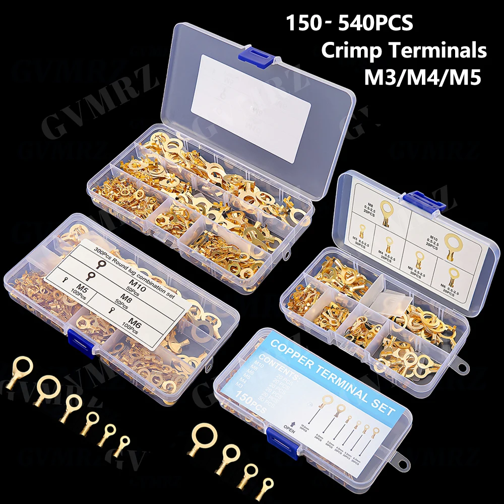 150-540PCS M6/M8/M10 Ring Lugs Eyes Copper Crimp Terminals Cable lug Wire Connection Non Insulated Assortment Kit M3/M4/M5