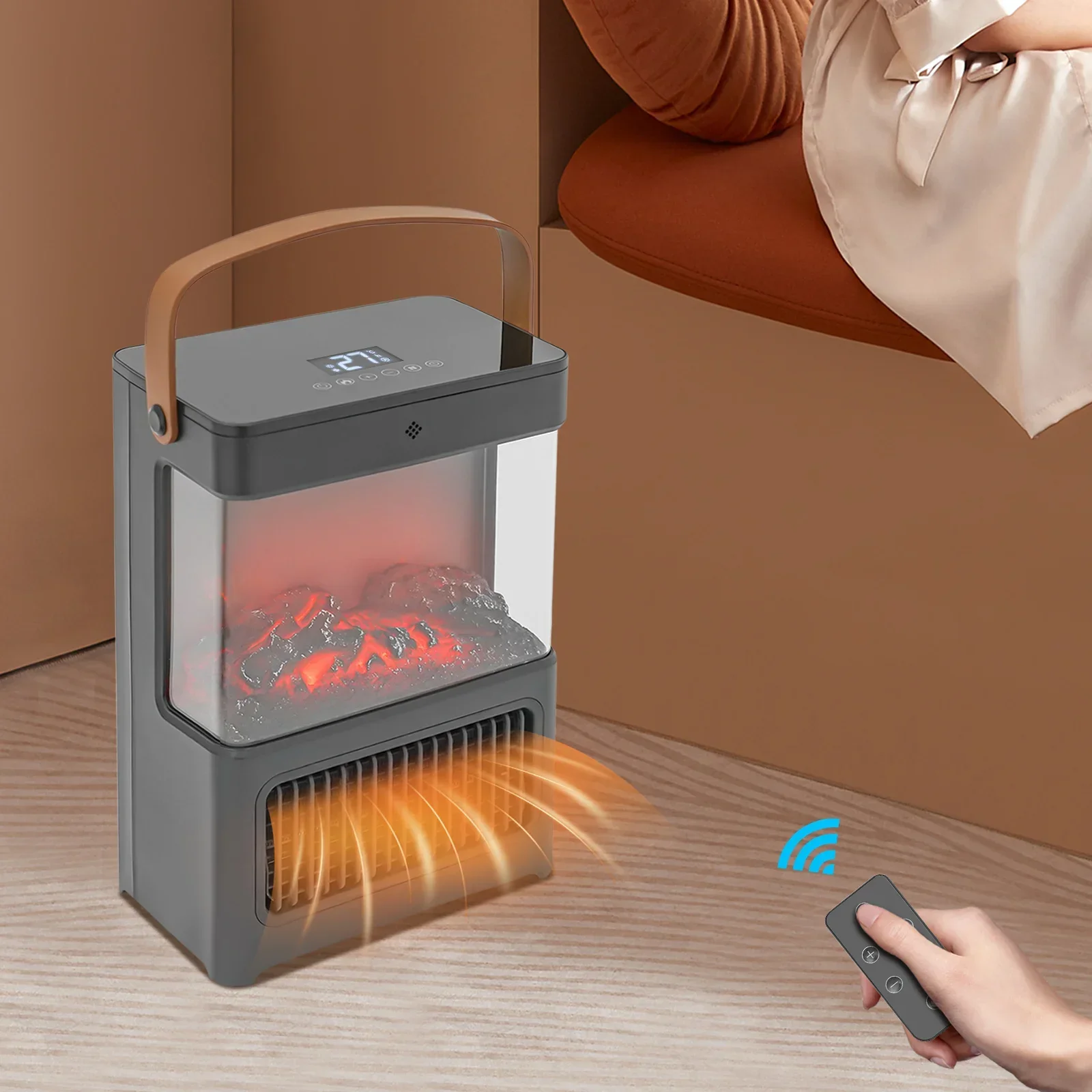 3D Simulation Fireplace Heater, Warm Air Fan, Black with Remote Control, European Standard