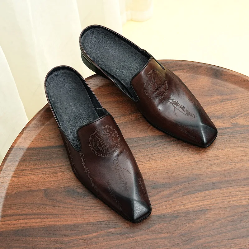 Italian Luxury Mens Genuine Leather Half Shoes Dress Slippers 2024 Summer New Style Designer Quality Vintage Business Sandals